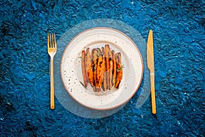 Homemade baked sweet potato - fries with spices, top view