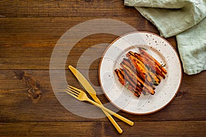 Homemade baked sweet potato - fries with spices, top view