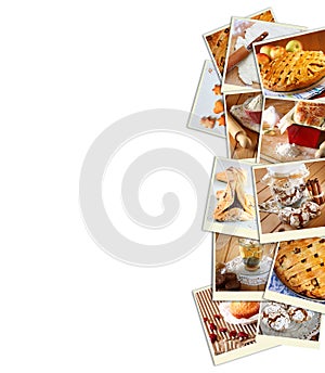 Homemade baking collage with cookies, fresh bread, apple pie and muffins over wooden background