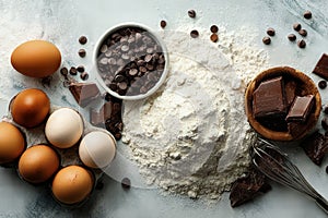 Homemade Baking Ingredients Flour Eggs Dark Chocolate and Chips on a Rustic Surface