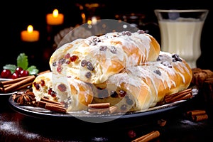 Homemade baking, sweet bread with raisins on dark old table. Cake, Pie, bun, kalach