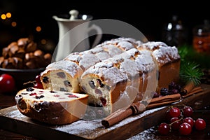 Homemade baking, sweet bread with raisins on dark old table. Cake, Pie, bun, kalach