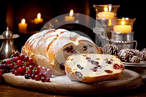 Homemade baking, sweet bread with raisins on dark old table. Cake, Pie, bun, kalach