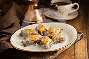 Homemade baklava with nuts and honey