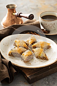 Homemade baklava with nuts and honey