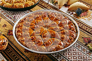 Homemade Baklava in a Round Metal Tray