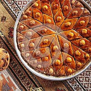 Homemade Baklava in a Round Metal Tray