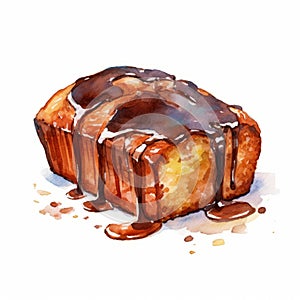 Homemade Banana Bread With Chocolate Glaze In Watercolor Style