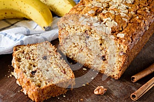 Homemade banana bread loaf closeup view