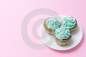 Homemade banana cup cake with mint whip cream isolated on pink pastel background