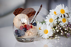 Homemade banana icecream with chia-seeds, yogurt and a chocolate waffle