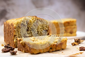 Homemade banana walnut loaf or pound cake