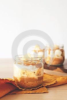 Homemade banoffee pie in a glass cup