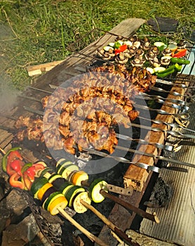 Homemade barbecue on the grill with open fire and smoke. Meat and vegetables with mushrooms and zucchini on wooden sticks.