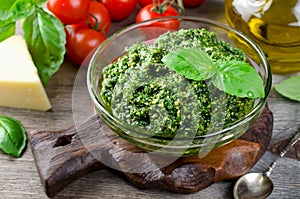 Homemade basil pesto with pine nuts, parmesan and garlic