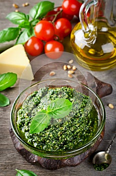 Homemade basil pesto with pine nuts, parmesan and garlic