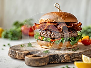 Homemade beef burger with crispy bacon and vegetables on rustic serving board