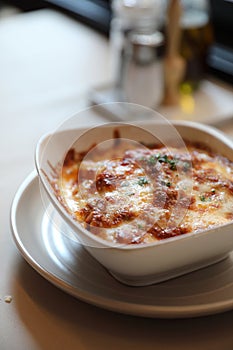 Homemade Beef Meat lasagna on a dish in restaurant , Italian food