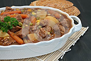 Homemade beef stew, close up.