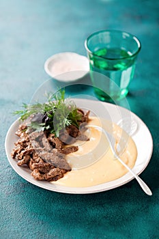 Homemade Beef Stroganoff with cauliflower mashed