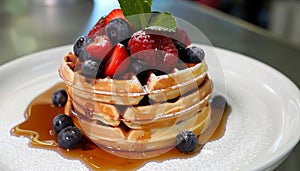 Homemade Belgian waffle stack, topped with fresh berries and syrup
