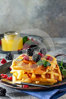 Homemade Belgian waffles with berries and honey on a stone countertop. Copy space