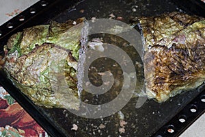 Homemade big meat roll in Savoy cabbage green blanch leaves, oven-baked in baking tray full of its own juice. cut out pieces from