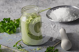 Homemade bio flavored salt with herbs