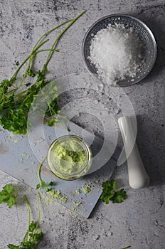 Homemade bio flavored salt with herbs