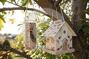 Homemade bird feeder made from milk carton photo