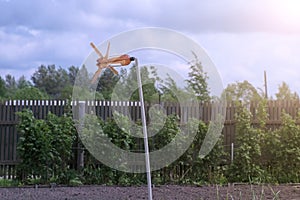 Homemade bird repeller from a plastic bottle looks like ventilator in garden.