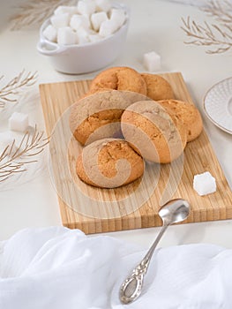 homemade biscuit cookies on a bamboo board, refined sugar, silver spoon