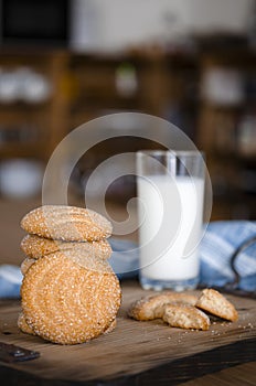 Homemade biscuits. Round homemade cookies with milk. Homemade cakes.