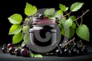 homemade black currant jam in a jar isolated on black background