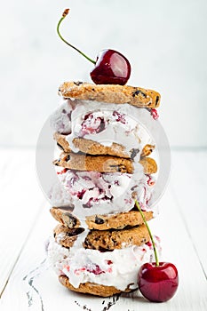 Homemade Black Forest roasted cherry ice cream sandwiches with chocolate chip cookies.