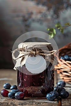 Homemade Blueberry Jam in Glass Jar on Rustic Wooden Table