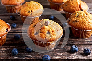 Homemade Blueberry Muffins with fresh berries on wooden table.