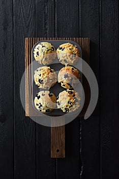 Homemade blueberry muffins on oak cutting board on black background with natural lighting top view