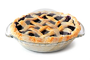 Homemade blueberry pie with lattice pastry isolated on white background