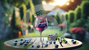 homemade blueberry wine in the garden
