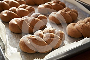 Homemade braided bread buns made from whole grain spelt flour on a baking sheet
