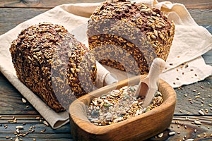 Homemade bread on dark wooden table