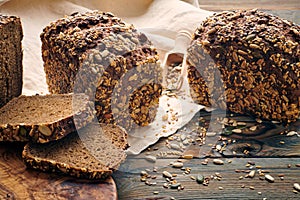 Homemade bread on dark wooden table