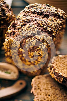 Homemade bread on dark wooden table