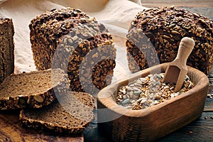 Homemade bread on dark wooden table