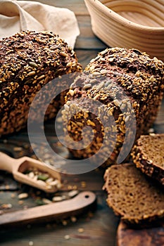 Homemade bread on dark wooden table