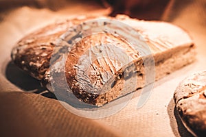 Homemade bread loaf fresh out of the oven, made out of white wheat flour and mother dough