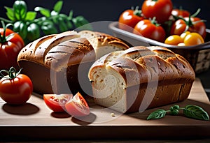 Homemade bread (rye and wheat) with tomatoes, healthy breakfast or snack on a wooden table,