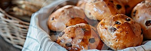 Homemade Bread on Vintage Traditional Tablecloth, Freshly Baked Round Buns with Raisins and Nuts