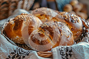 Homemade Bread on Vintage Traditional Tablecloth, Freshly Baked Round Buns with Raisins and Nuts